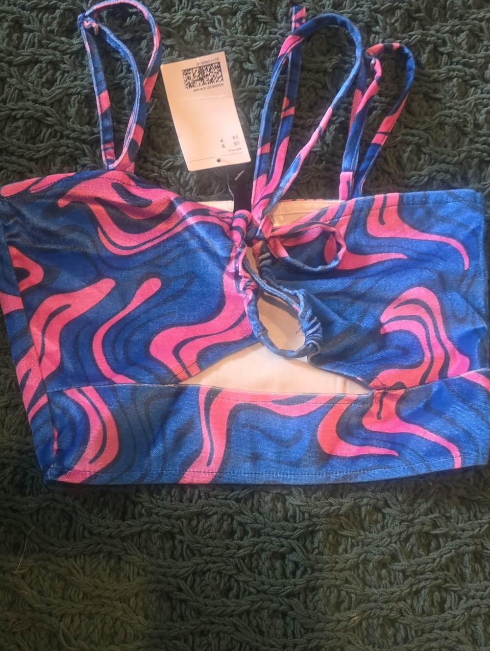 Divided Pink and Blue Swirl Cutout Crop Top